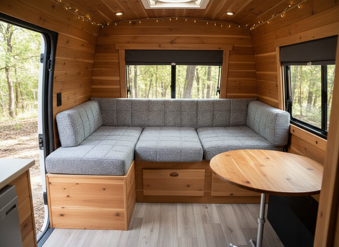 Grey chenille campervan cushions Blue Note Upholstery